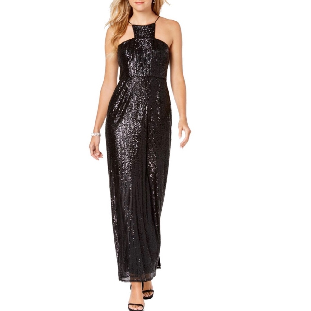 Adrianna Papell Halter Neck Sequin Column …